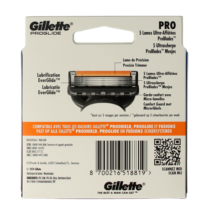 Gillette Proglide manual razor blades pack with 8 blades for smooth shaving, featuring Gillette branding and packaging.