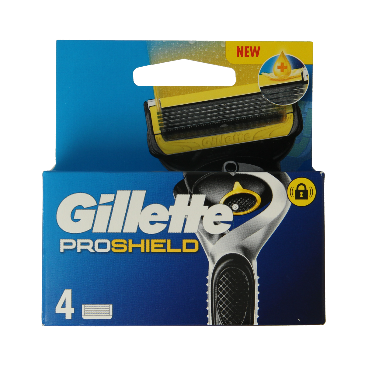 Gillette Proshield yellow razor blades, set of 4, for shaving, shown in packaging with blades visible.