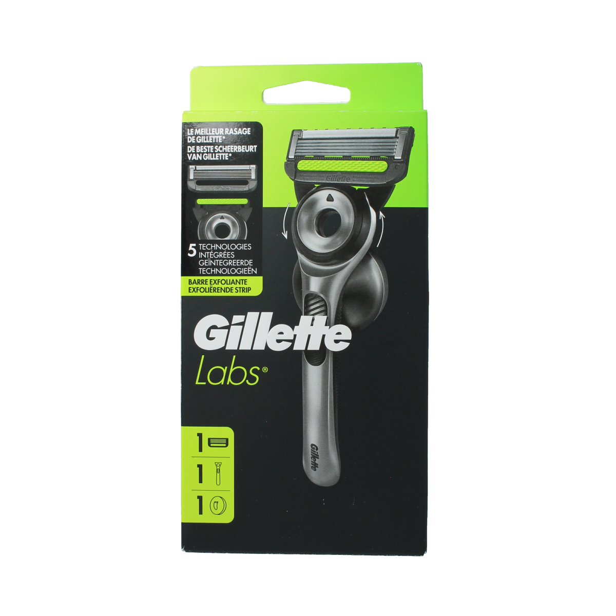 Gillette Labs scheersysteem with hanger and one razor blade, a high-quality shaving instrument with replaceable blades.