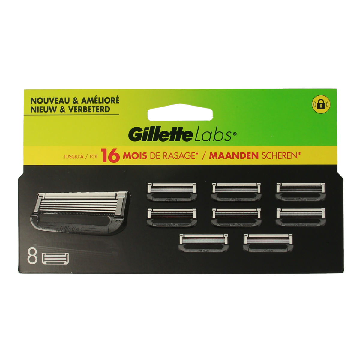 Gillette Labs shaving blades pack with 8 Gillette brand blades for men's razors, shown in the image.