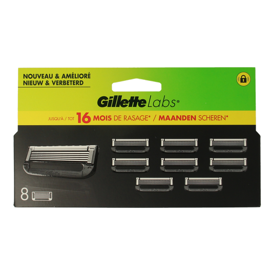 Gillette Labs shaving blades pack with 8 Gillette brand blades for men's razors, shown in the image.