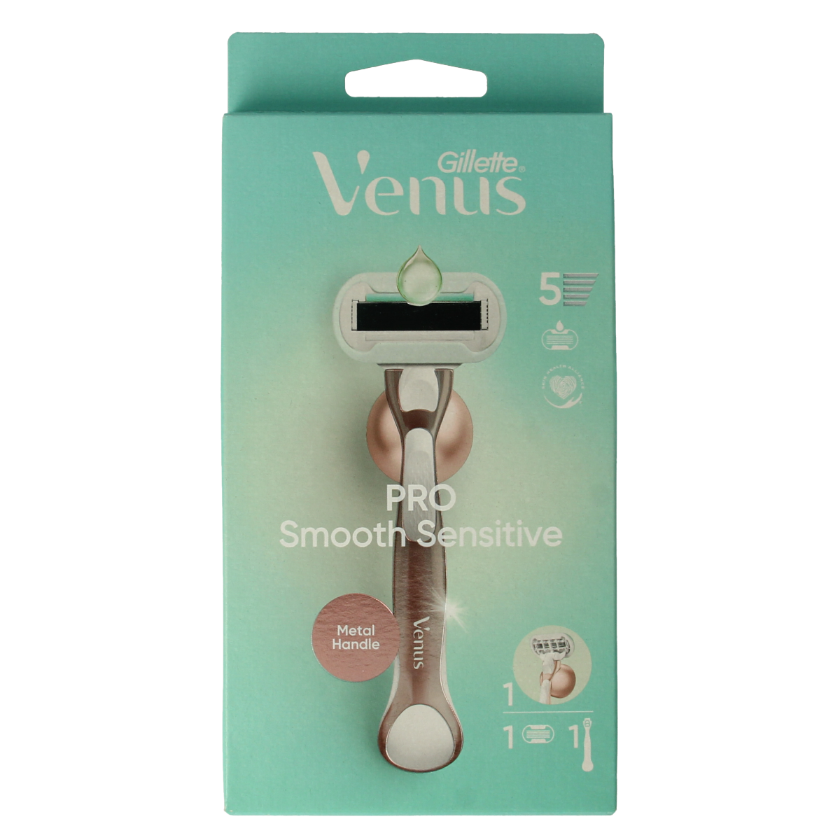 Gillette Venus Deluxe Smooth Sensitive Rosegold razor for women, featuring a sleek design and smooth shaving blades.