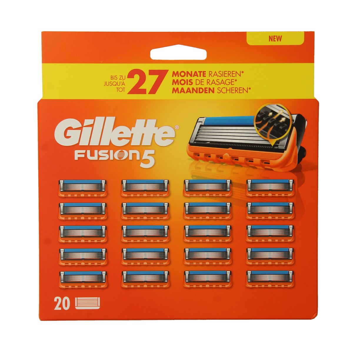 Gillette Fusion manual razor blades pack with 20 blades for shaving, shown in the image.