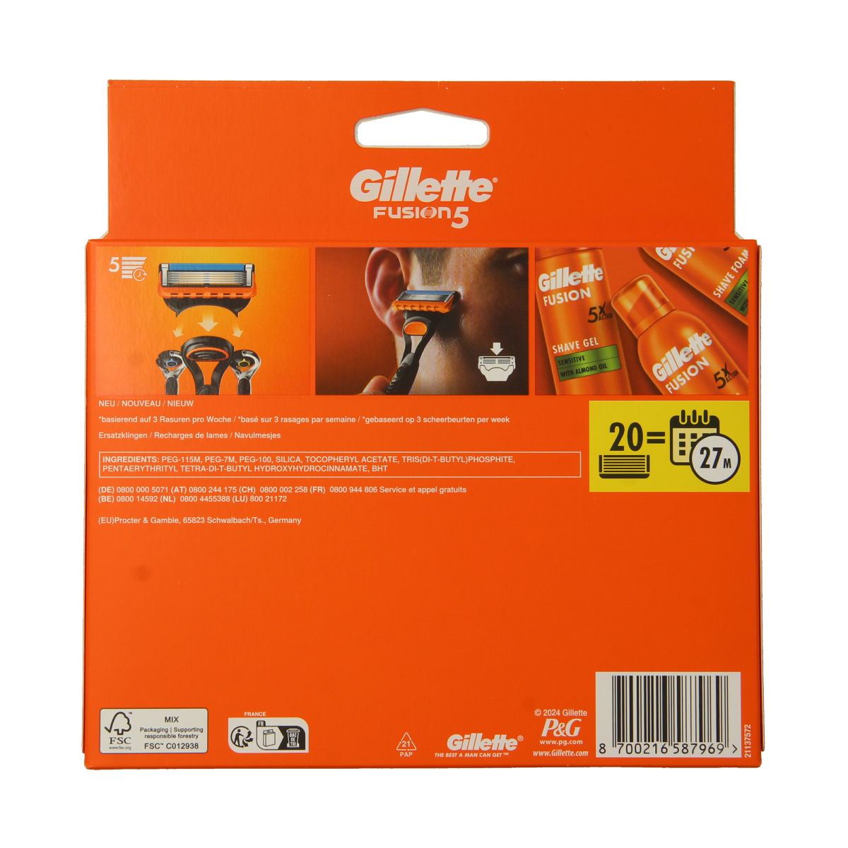 Gillette Fusion manual razor blades pack with 20 blades, designed for precise shaving and smooth results.