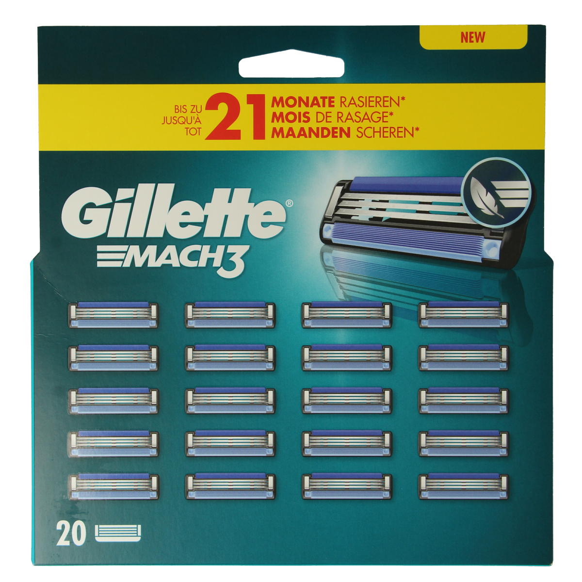Gillette Mach3 blades pack containing 20 Gillette Mach3 shaving blades for men's shaver, displayed in a clear package.
