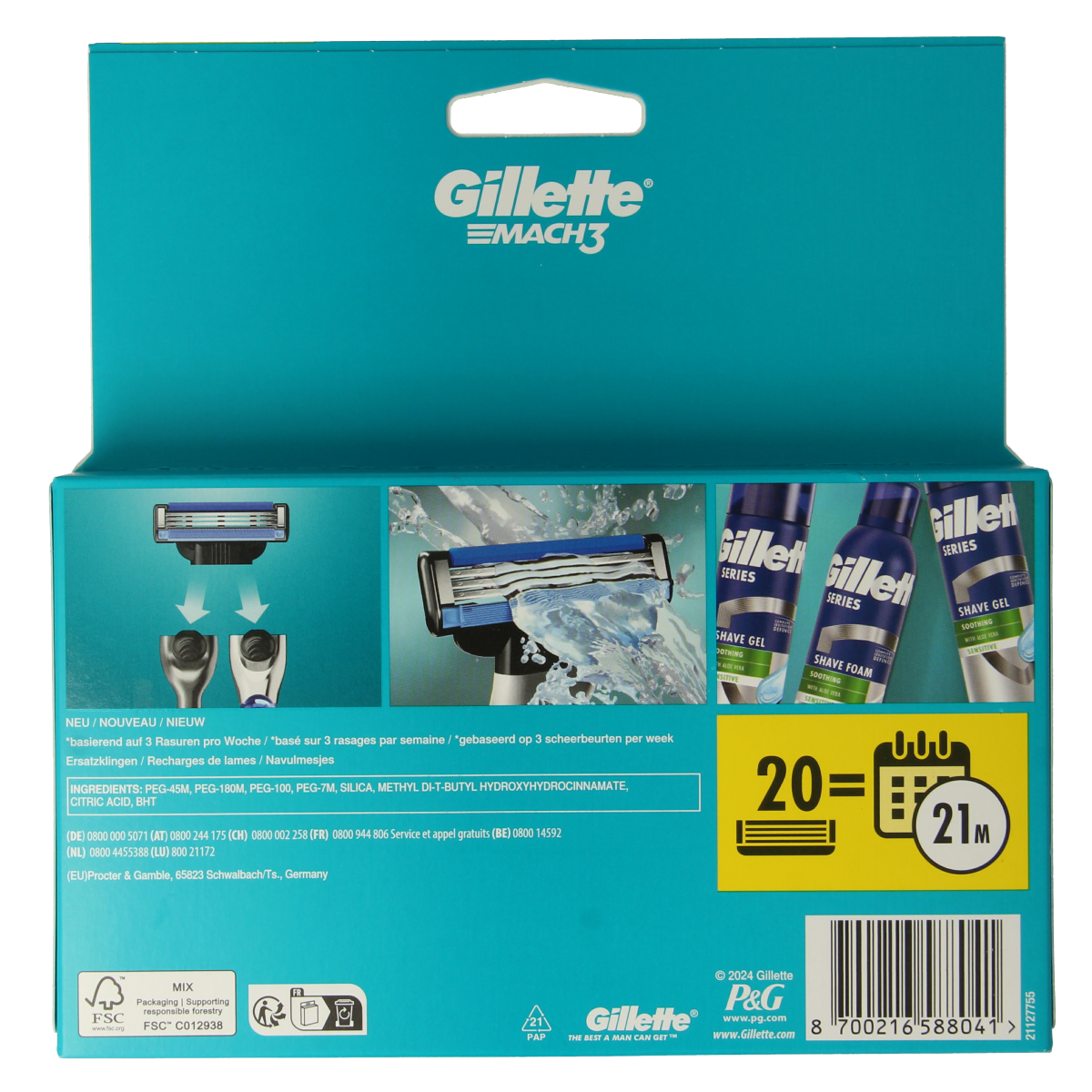 Gillette Mach3 razor blades pack with 20 Gillette Mach3 blades for shaving, shown in a clear image.