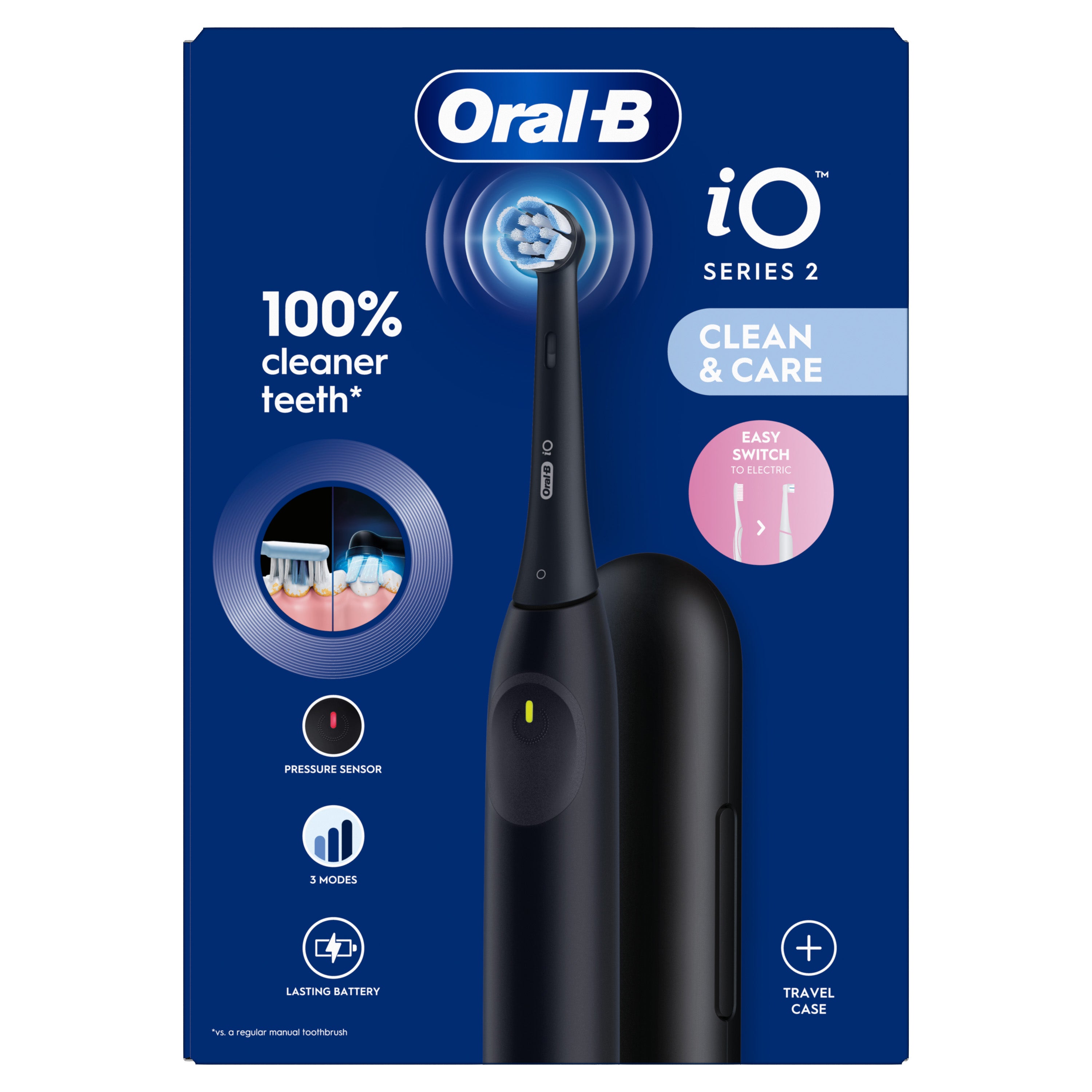 Oral B electric toothbrush in night black with travel case, featuring multiple brushing modes and ergonomic design.