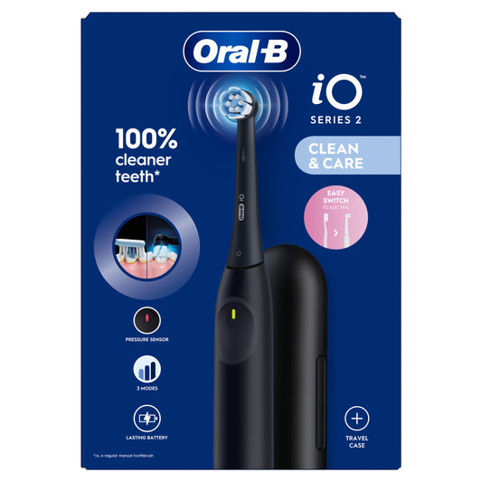 Oral B electric toothbrush in night black with travel case, featuring multiple brushing modes and ergonomic design.