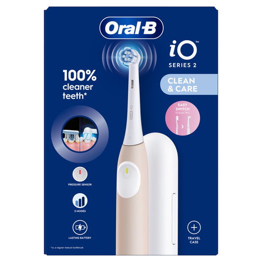Oral B iO2 Calm Pink electric toothbrush with travel case, showcasing the sleek pink design and brush head.