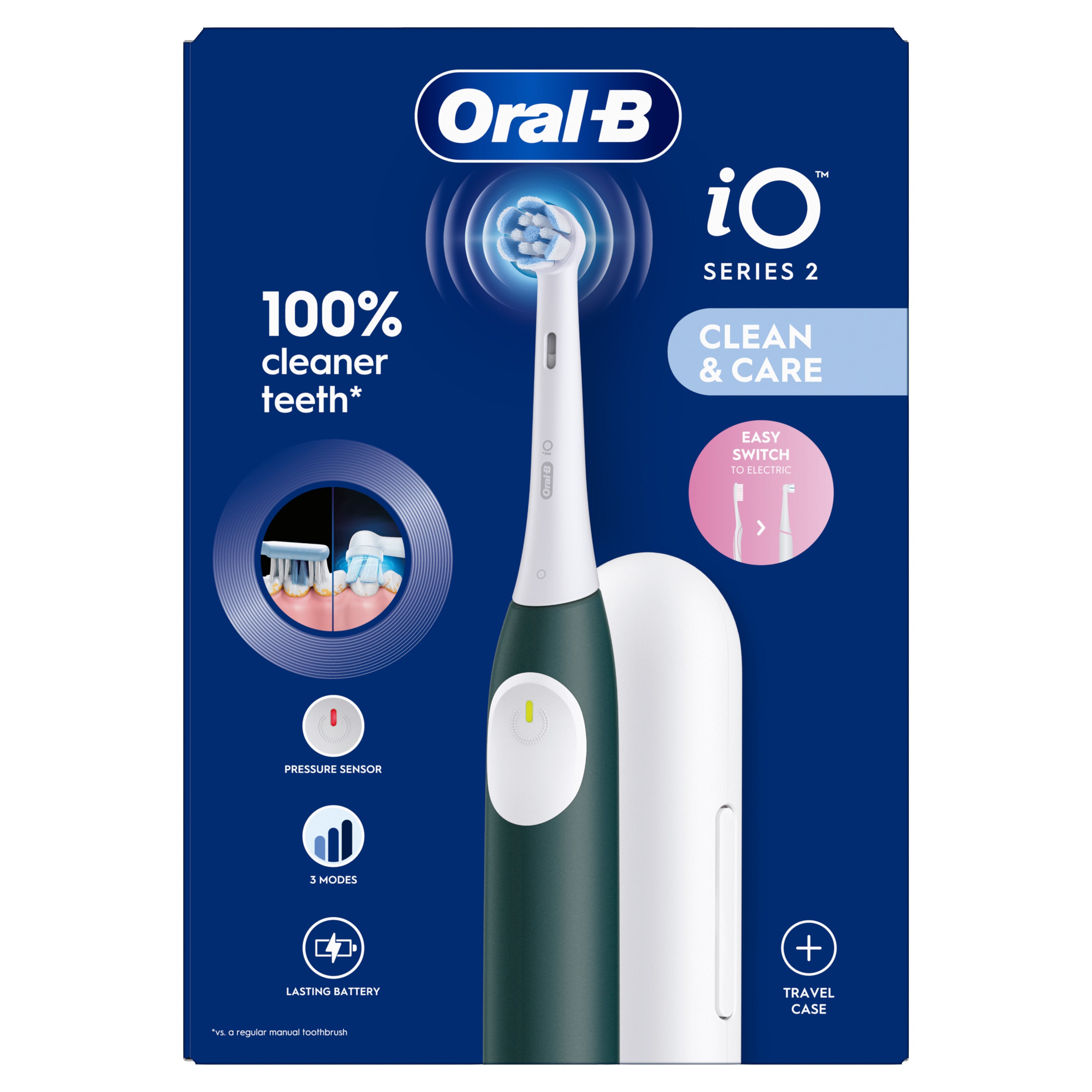 Oral B iO2 forest green electric toothbrush with travel case, showcasing the sleek design and brush head.