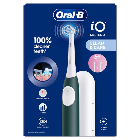 Oral B iO2 forest green electric toothbrush with travel case, showcasing the sleek design and brush head.