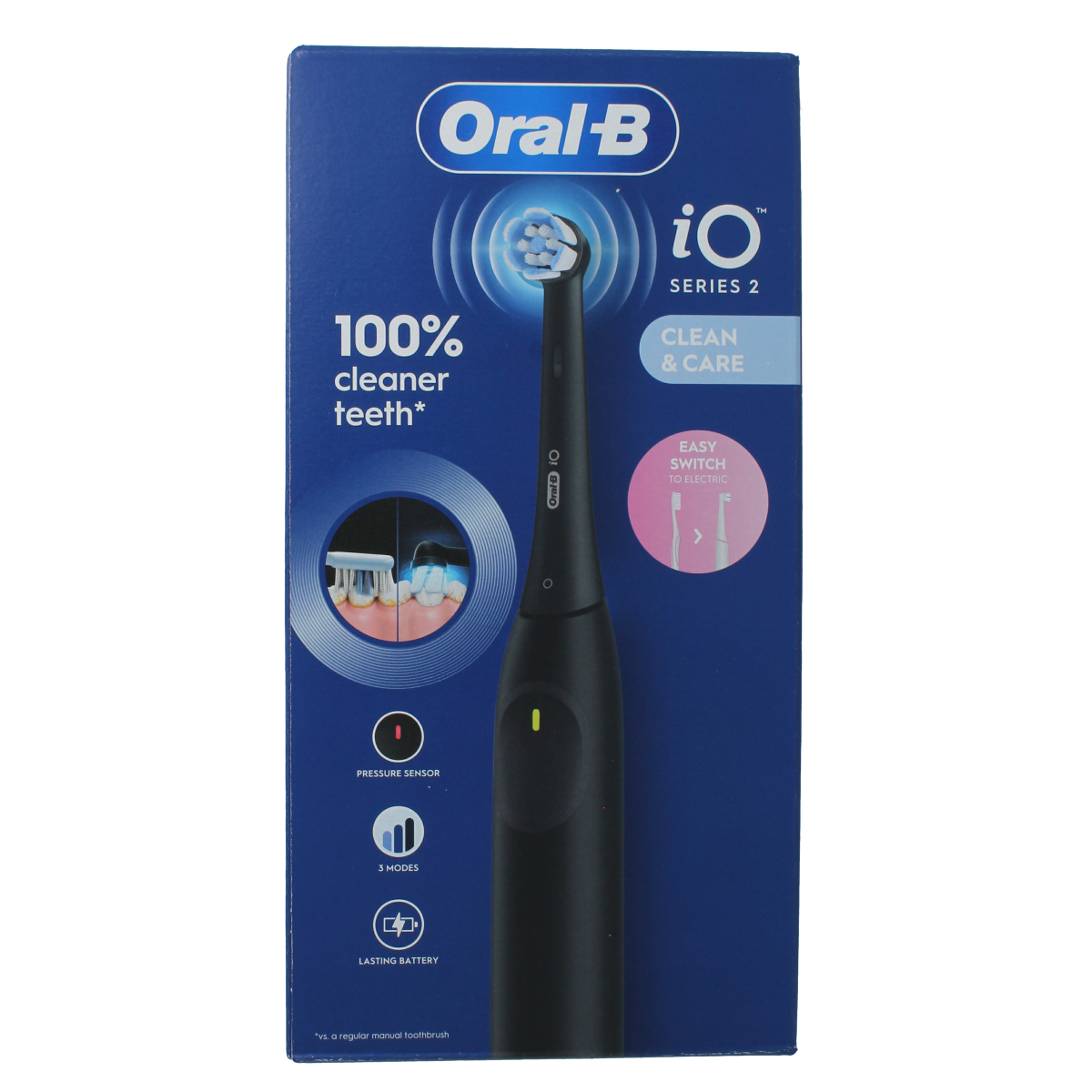 Oral B IO2 black electric toothbrush with sleek black handle, displayed with brush head attached for effective cleaning.