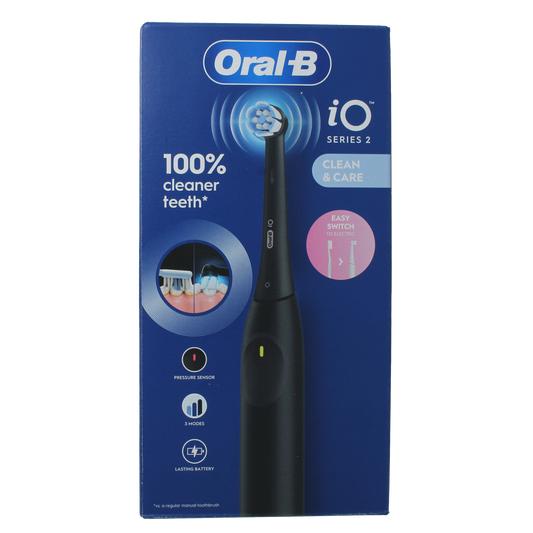 Oral B IO2 black electric toothbrush with sleek black handle, displayed with brush head attached for effective cleaning.