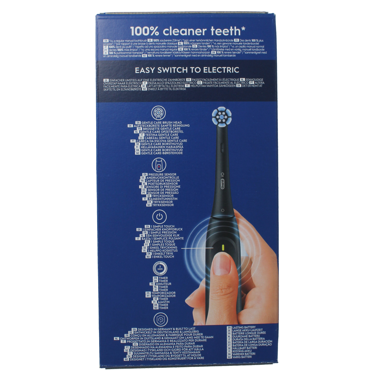 Oral B IO2 black electric toothbrush with sleek black handle and brush head for effective oral cleaning.