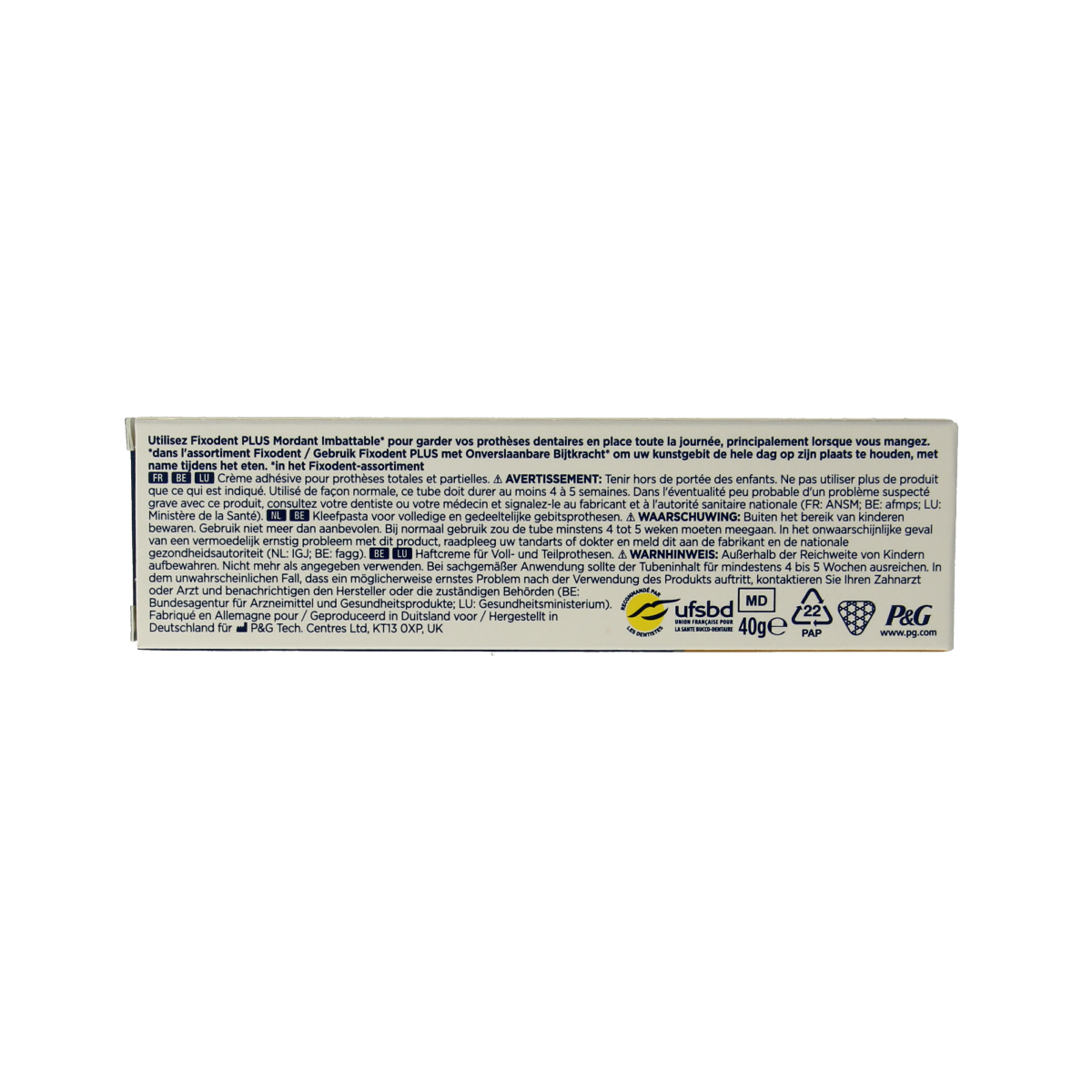 Fixodent Dual Power denture adhesive cream in a 40g tube, used for secure fit and oral comfort with Fixodent brand branding.