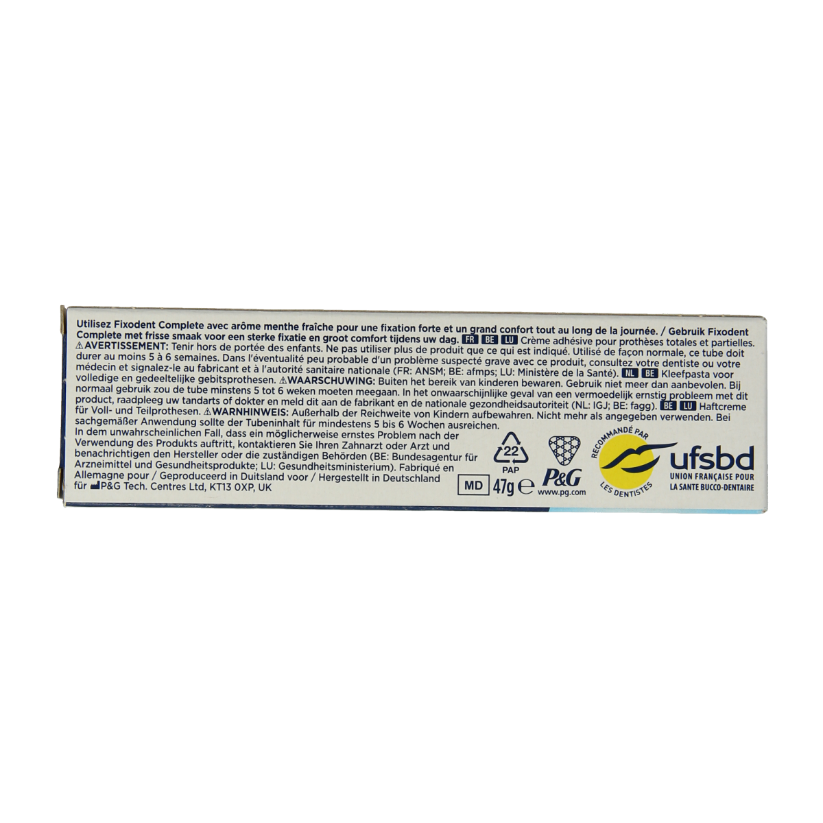 Fixodent Complete Original/Fresh denture adhesive cream in 47g tube, for secure fit and fresh breath, shown in packaging.