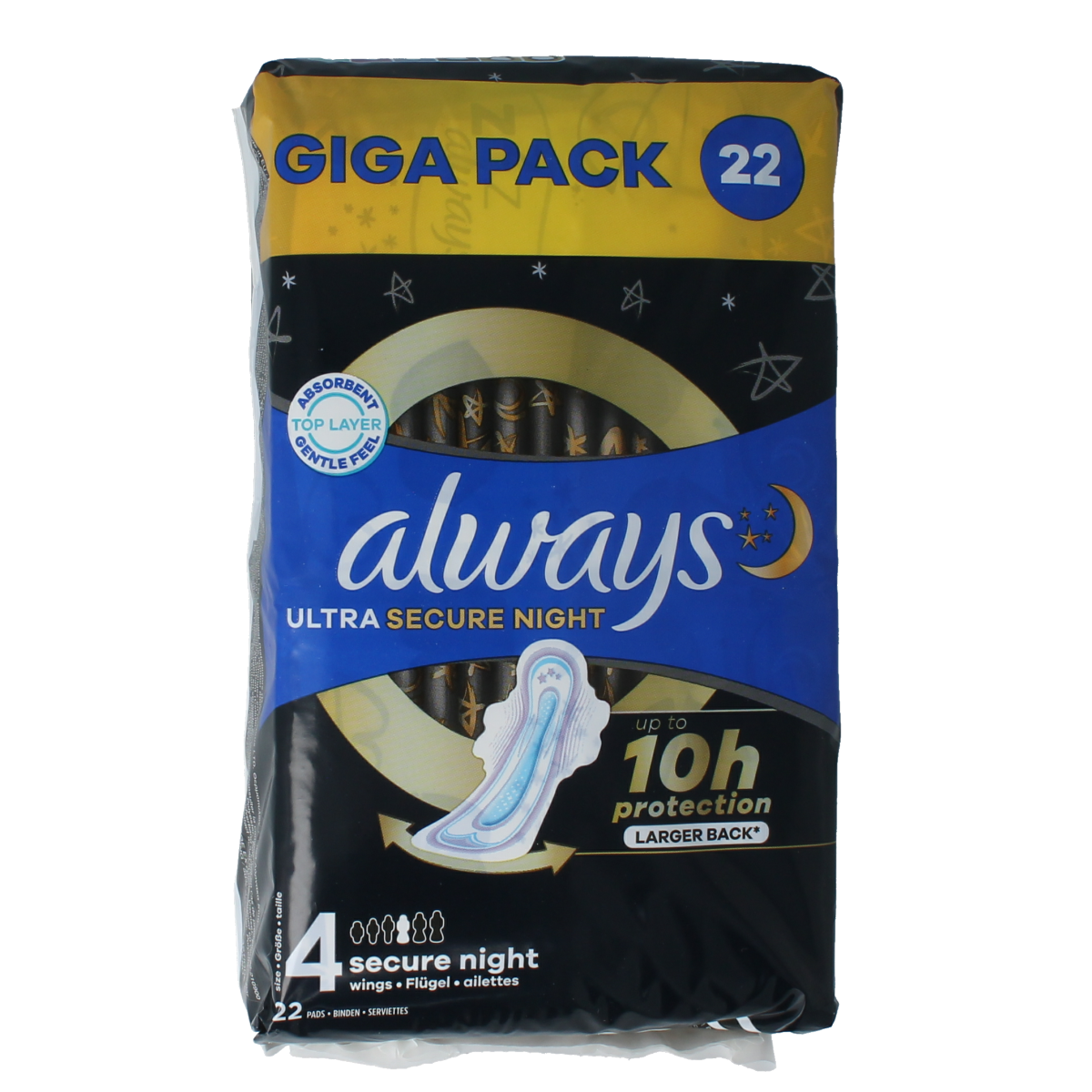 Always Ultra Secure Night pads in a giga pack, showing individual pads with absorbent layers and soft top sheet for women.