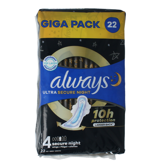 Always Ultra Secure Night pads in a giga pack, showing individual pads with absorbent layers and soft top sheet for women.
