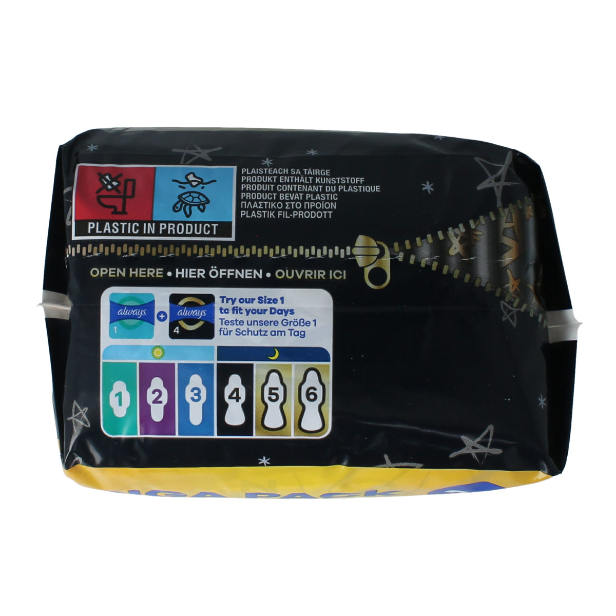 Always Ultra Secure Night pads in a giga pack, showing individually wrapped feminine hygiene pads for women.