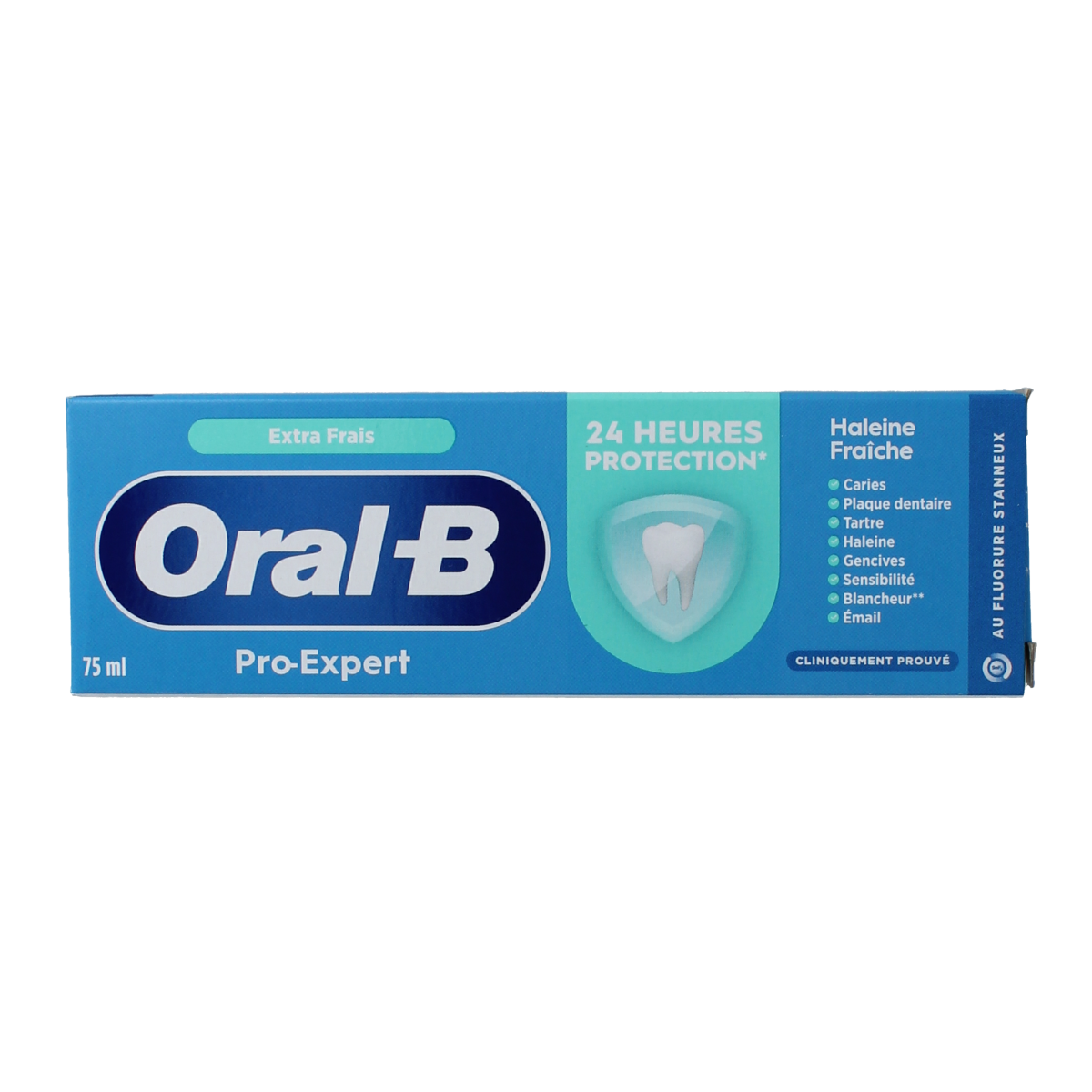Oral B Pro-Expert Fresh Breath toothpaste tube, 75ml, with mint flavor and packaging details visible.