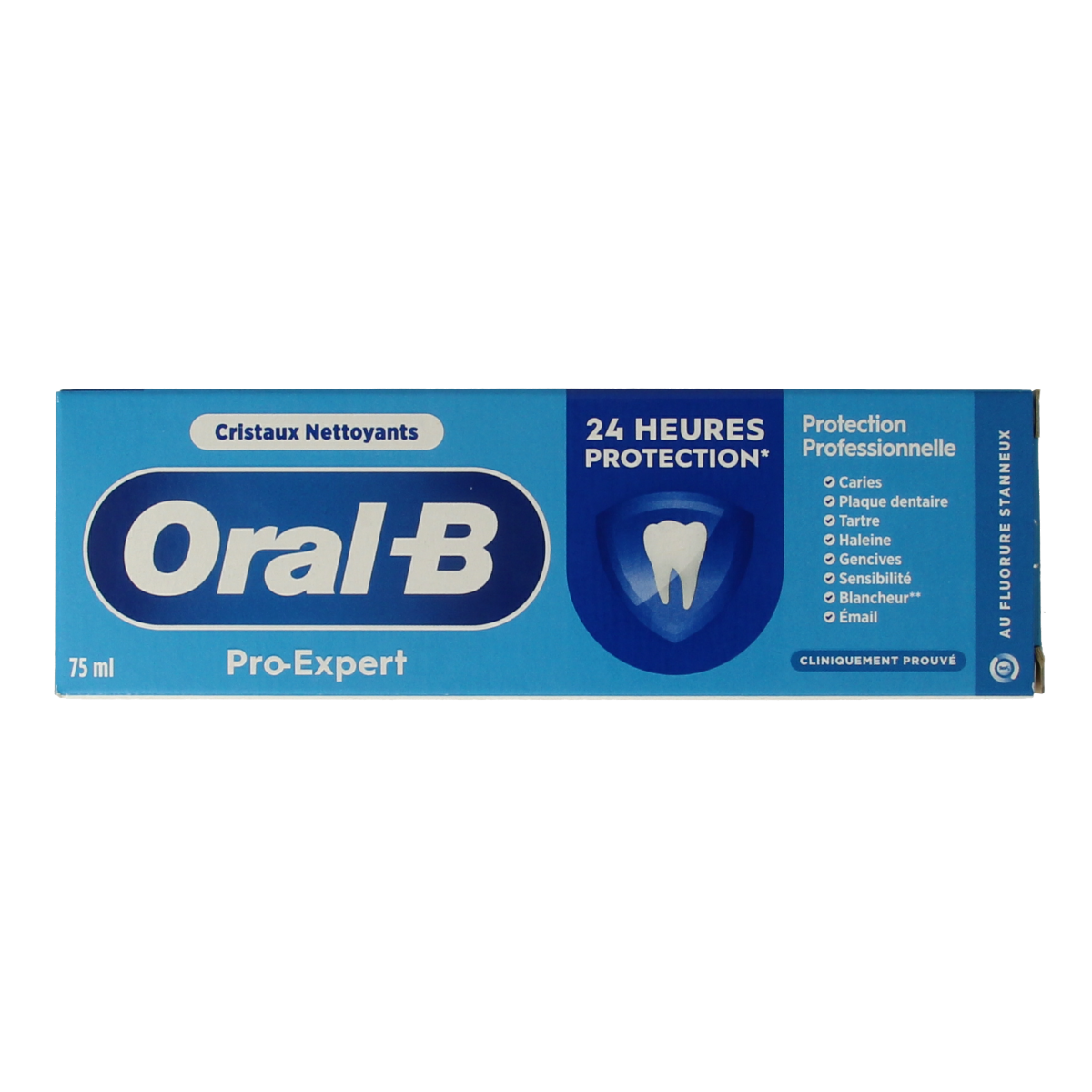 Oral B Pro-Expert toothpaste in 75ml tube with professional protection benefits, shown with the toothpaste tube and packaging.