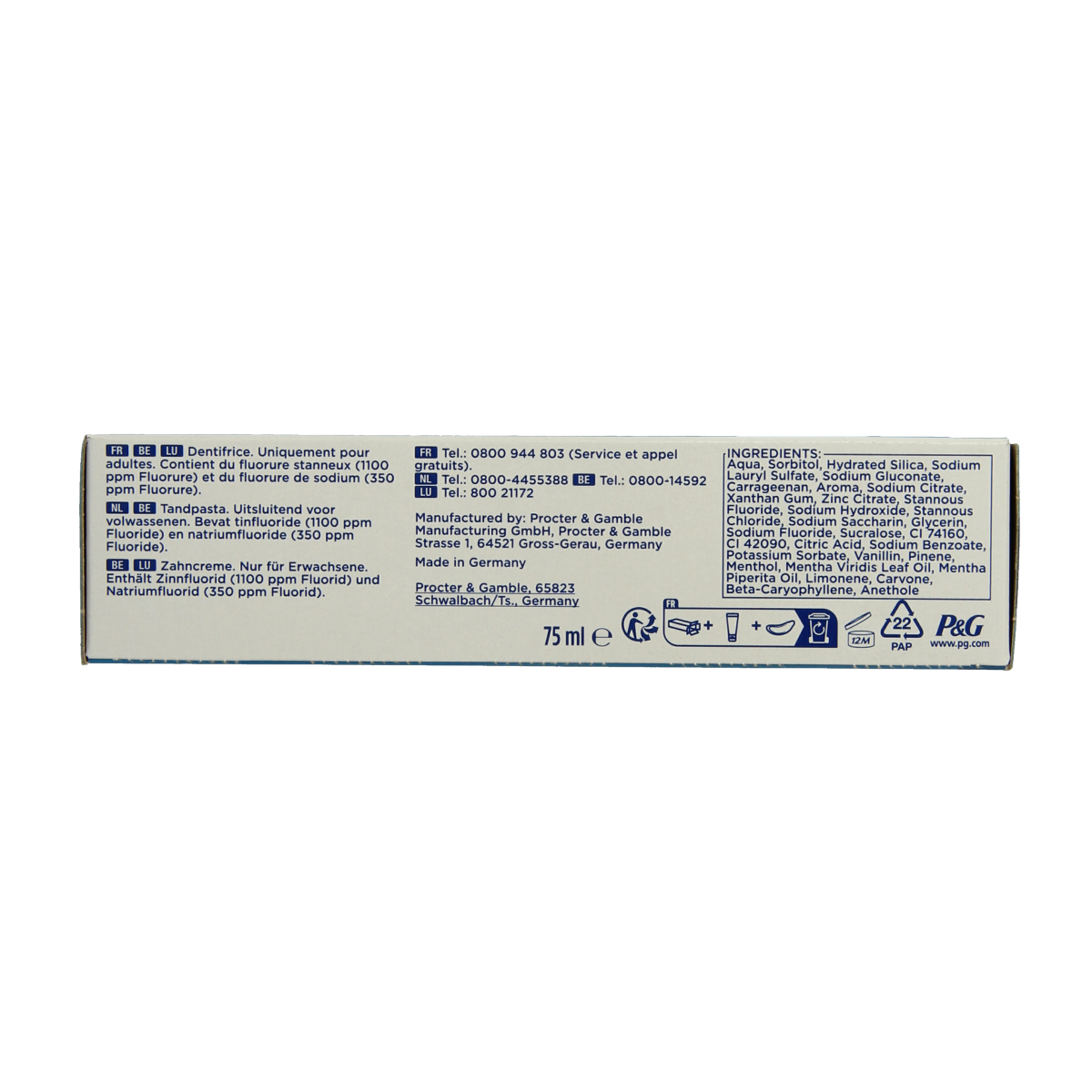 Oral B Pro-Expert Intense Reiniging toothpaste in 75ml tube, featuring whitening and cavity protection benefits.