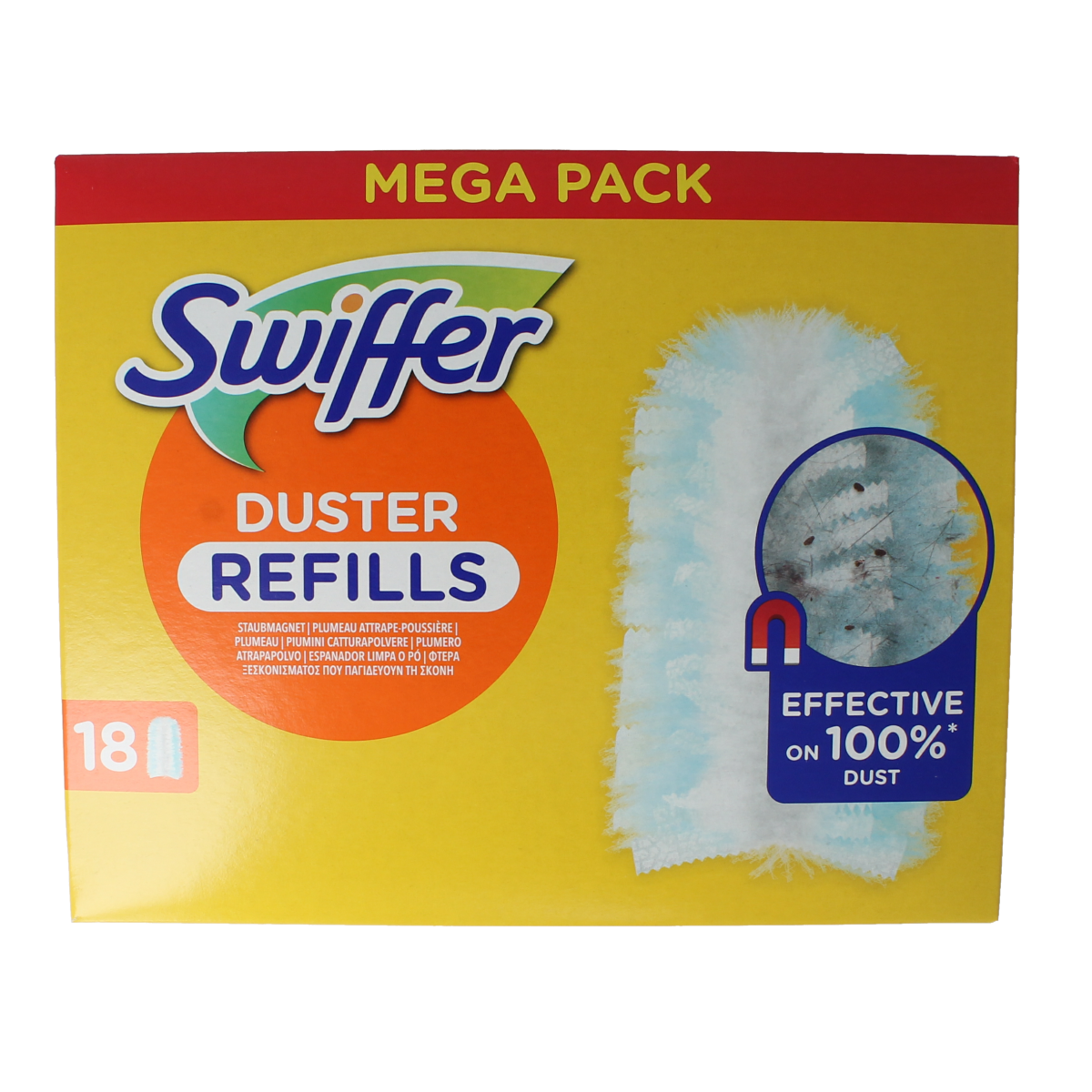 Swiffer Duster refill pack with 18 dusters, designed for effective cleaning of surfaces and removing dust and allergens.