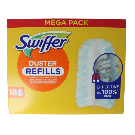 Swiffer Duster refill pack with 18 dusters, designed for effective cleaning of surfaces and removing dust and allergens.