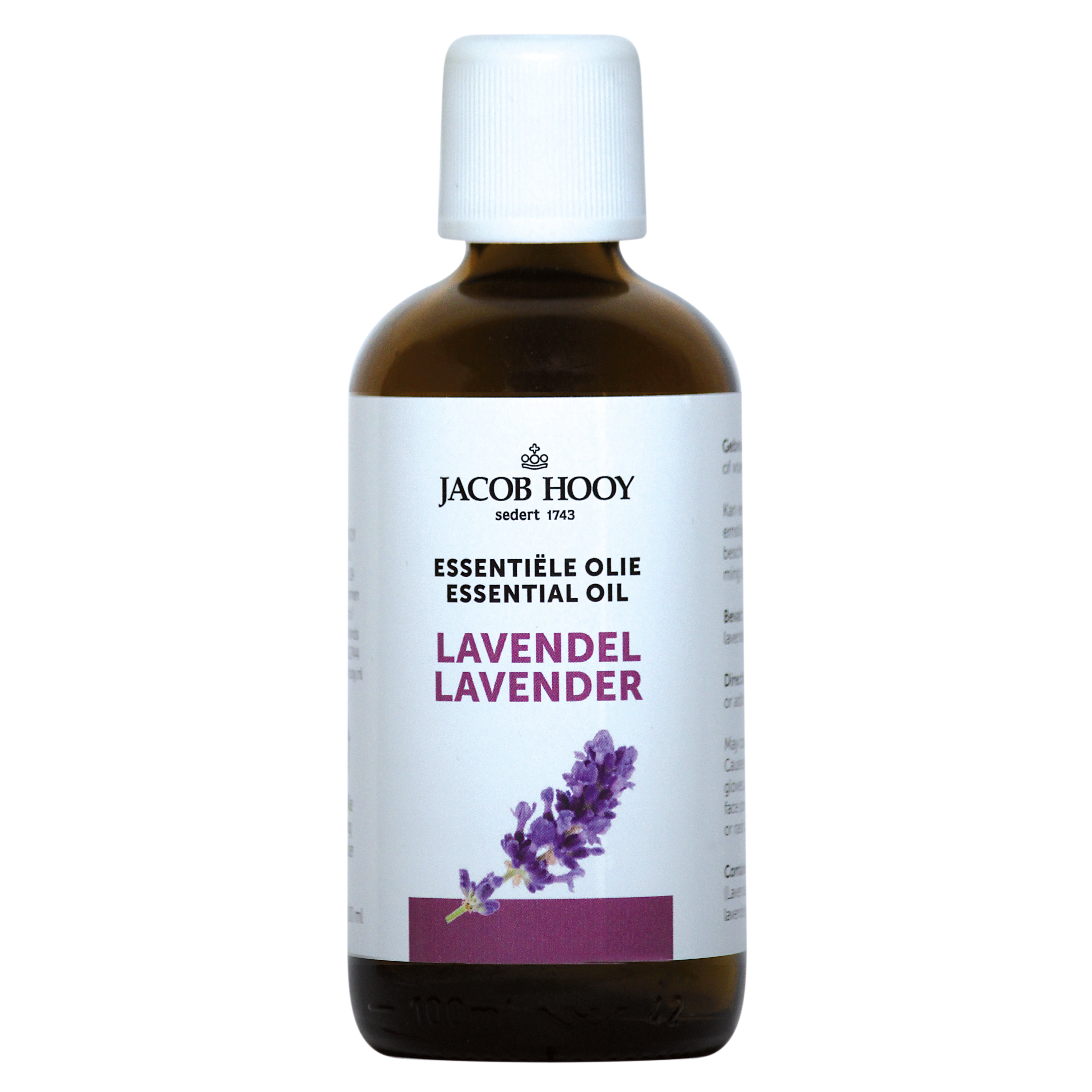 Lavender essential oil by Jacob Hooy in a 100ml bottle, showcasing the clear glass container and lavender scent.
