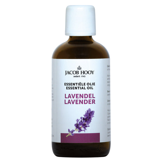 Lavender essential oil by Jacob Hooy in a 100ml bottle, showcasing the clear glass container and lavender scent.