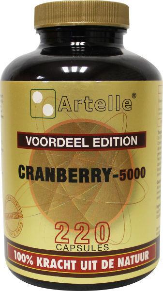 Artelle Cranberry 5000 capsules, herbal supplement by Artelle, displayed in a bottle with capsule close-up.