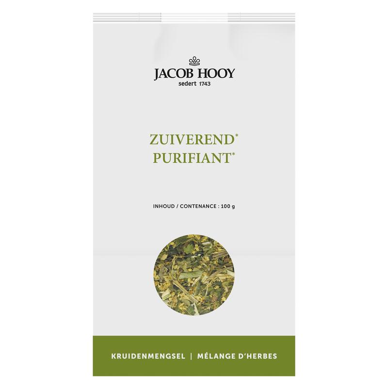 Jar of Jacob Hooy Zuiverend kruidenmengsel, herbal blend for tea, in 100g packaging, with dried herbs visible in the image.
