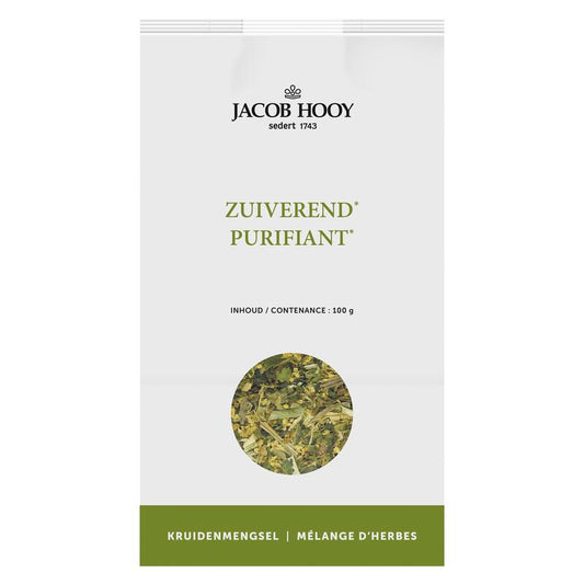 Jar of Jacob Hooy Zuiverend kruidenmengsel, herbal blend for tea, in 100g packaging, with dried herbs visible in the image.