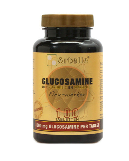 Artelle Glucosamine 1500mg supplement in a bottle of 100 tablets, designed to support joint health and mobility.