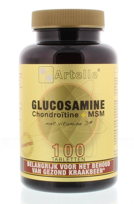 Artelle Glucosamine, chondroitin, and MSM mineral tablets, showing white supplement tablets in blister packaging.