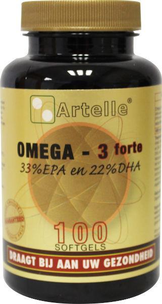 Artelle Omega 3 Forte 1000mg softgel capsules, Vetzuren supplement, showing a bottle of 100 softgels on a white background.
