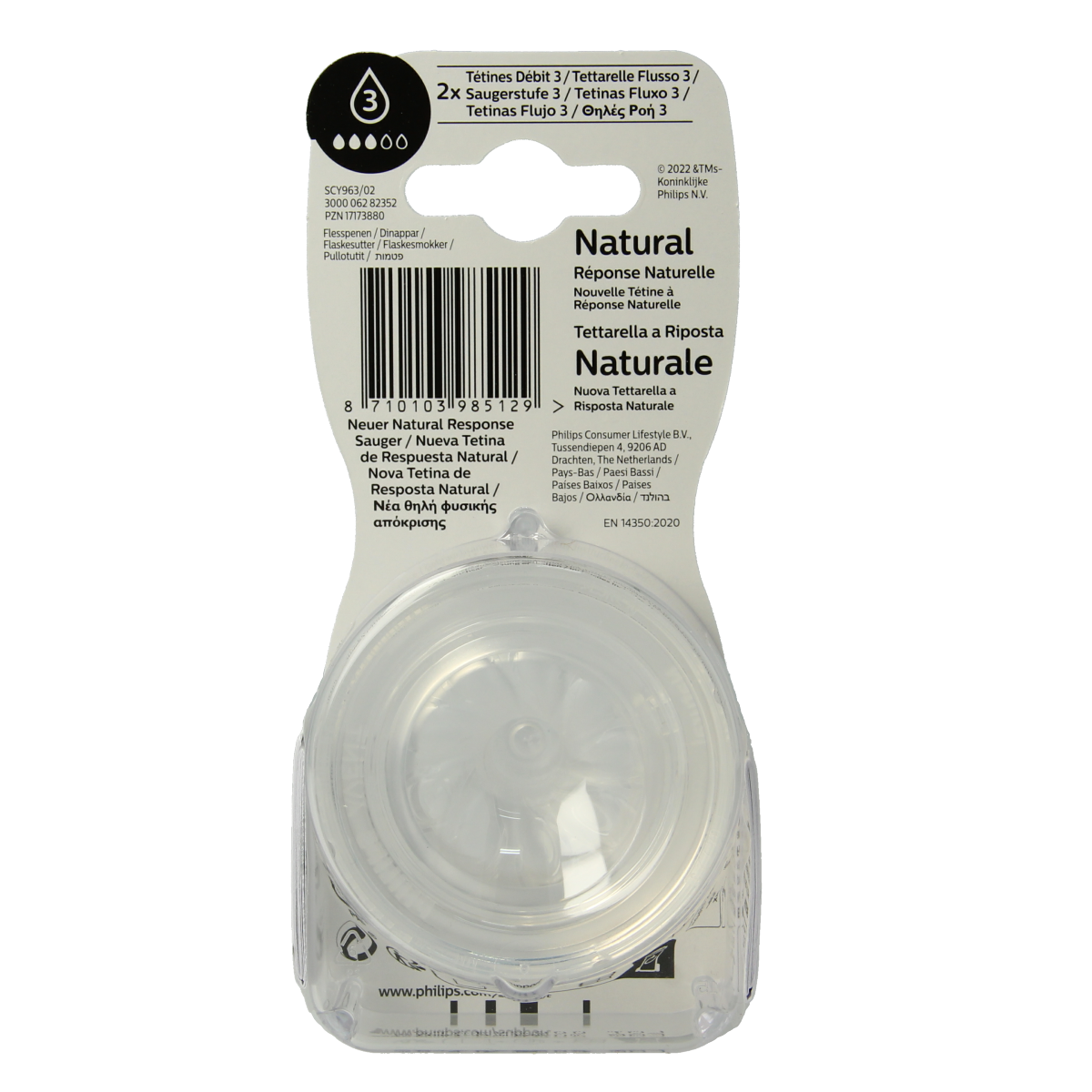 Avent Natural baby bottle with two 1M+ flexible teats in a clear plastic package showing the bottles and teats.