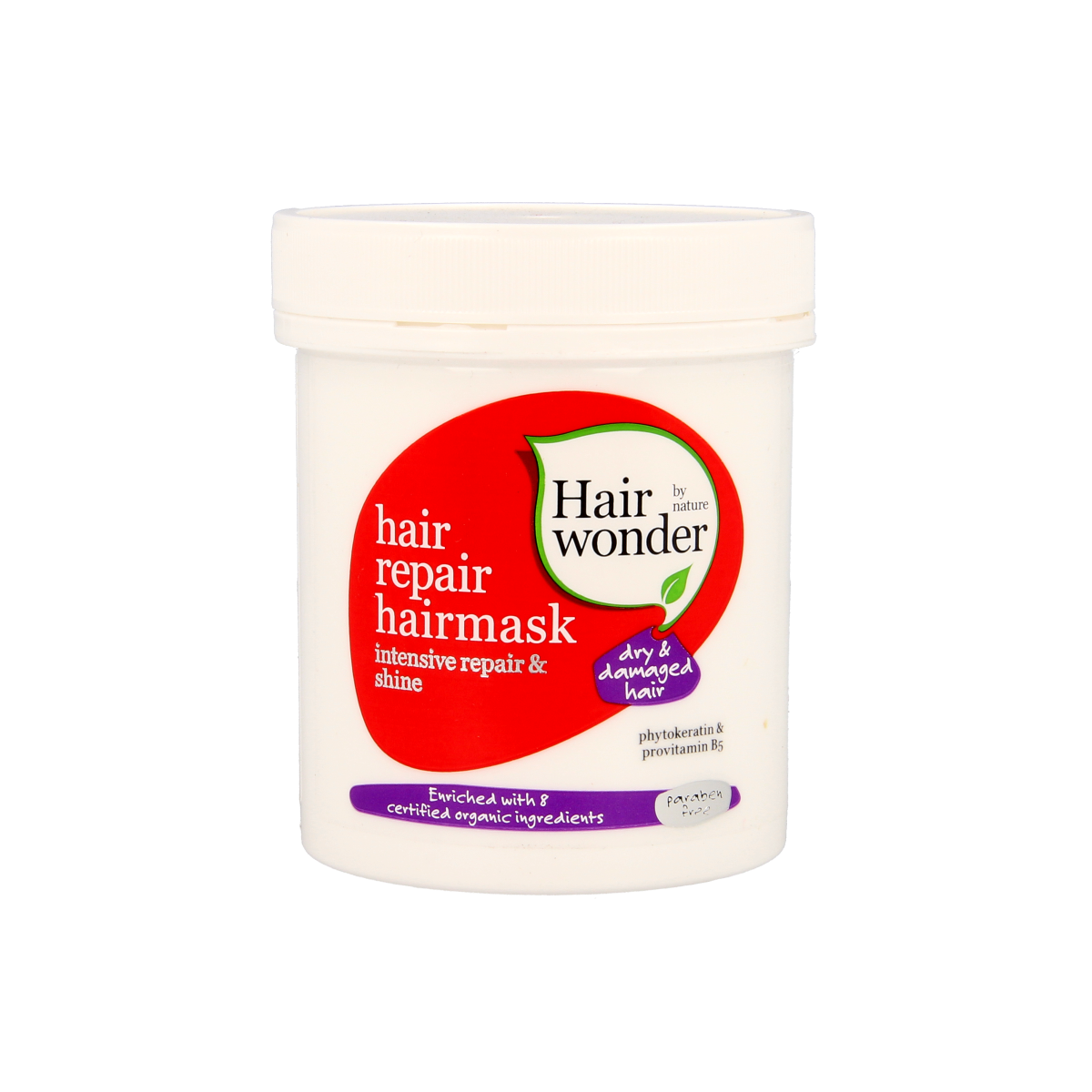 Hairwonder Hair Repair Mask 200ml, nourishing hair treatment in a white jar with black lid, for damaged and dry hair.