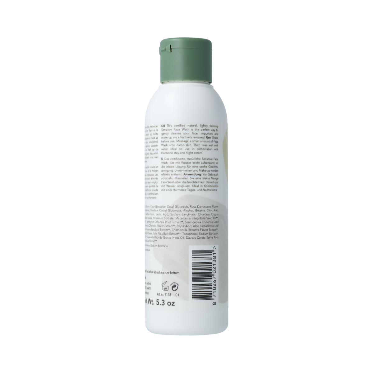Harmonie Face Wash 150ml in a clear bottle with a white cap, designed for gentle facial cleansing and skincare.