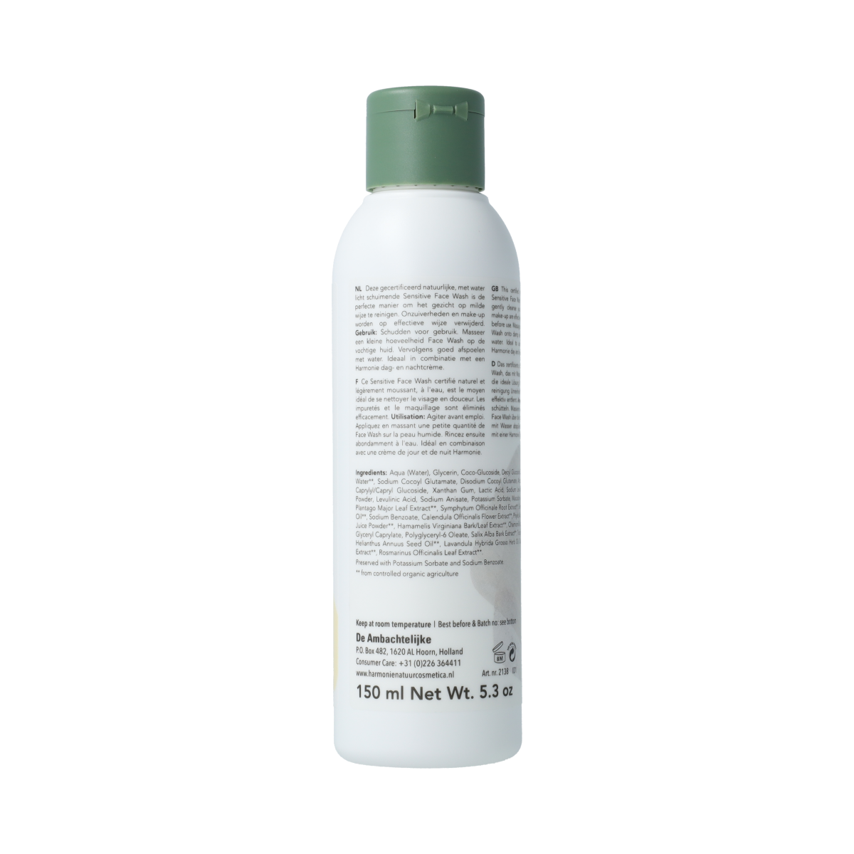 Harmonie Face Wash 150ml, gentle facial cleanser with a clear bottle and white liquid, used for skincare routine.