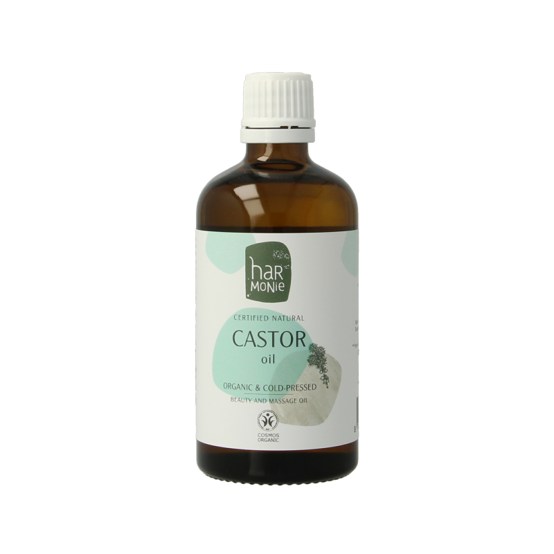 Harmonie castor olie in 100ml bottle, natural body care product with a clear label and cap, on a white background.