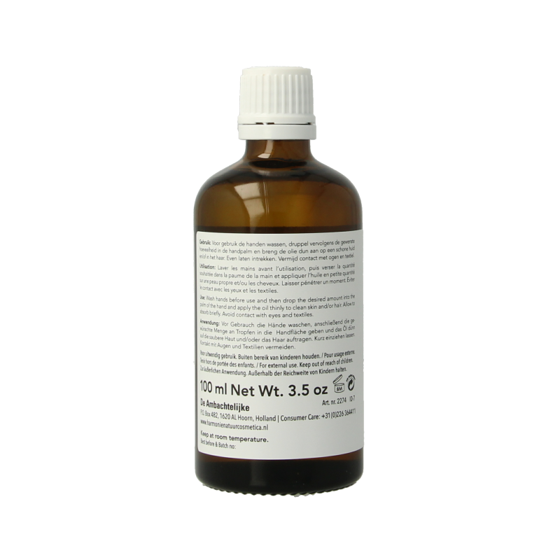 Harmonie castor oil 100ml in a clear bottle, natural body care product for skin and hair nourishment.