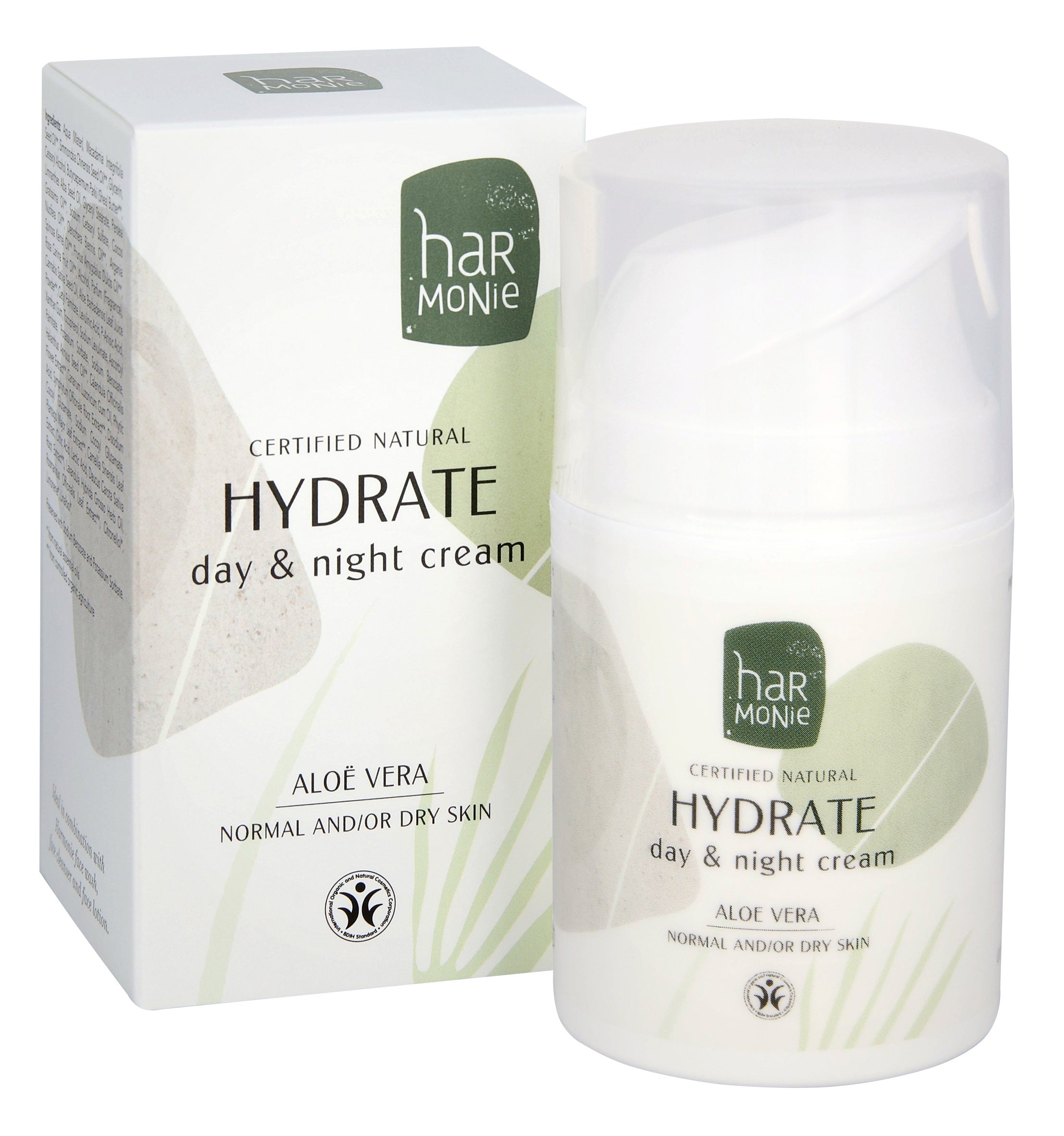 Harmonie Hydrate day and night facial cream jar, 50ml, moisturizing skincare product in a white container with a silver lid.