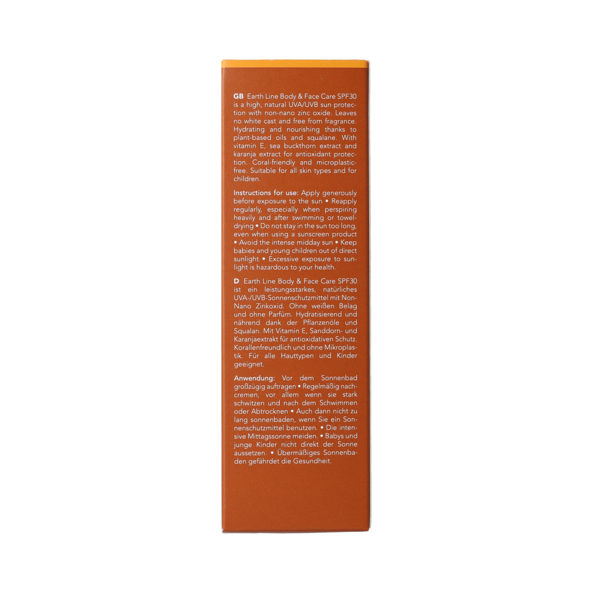 Earth Line Sun Body & Face Care SPF30 BIO sunscreen bottle, 100ml, with sun protection label and natural packaging.