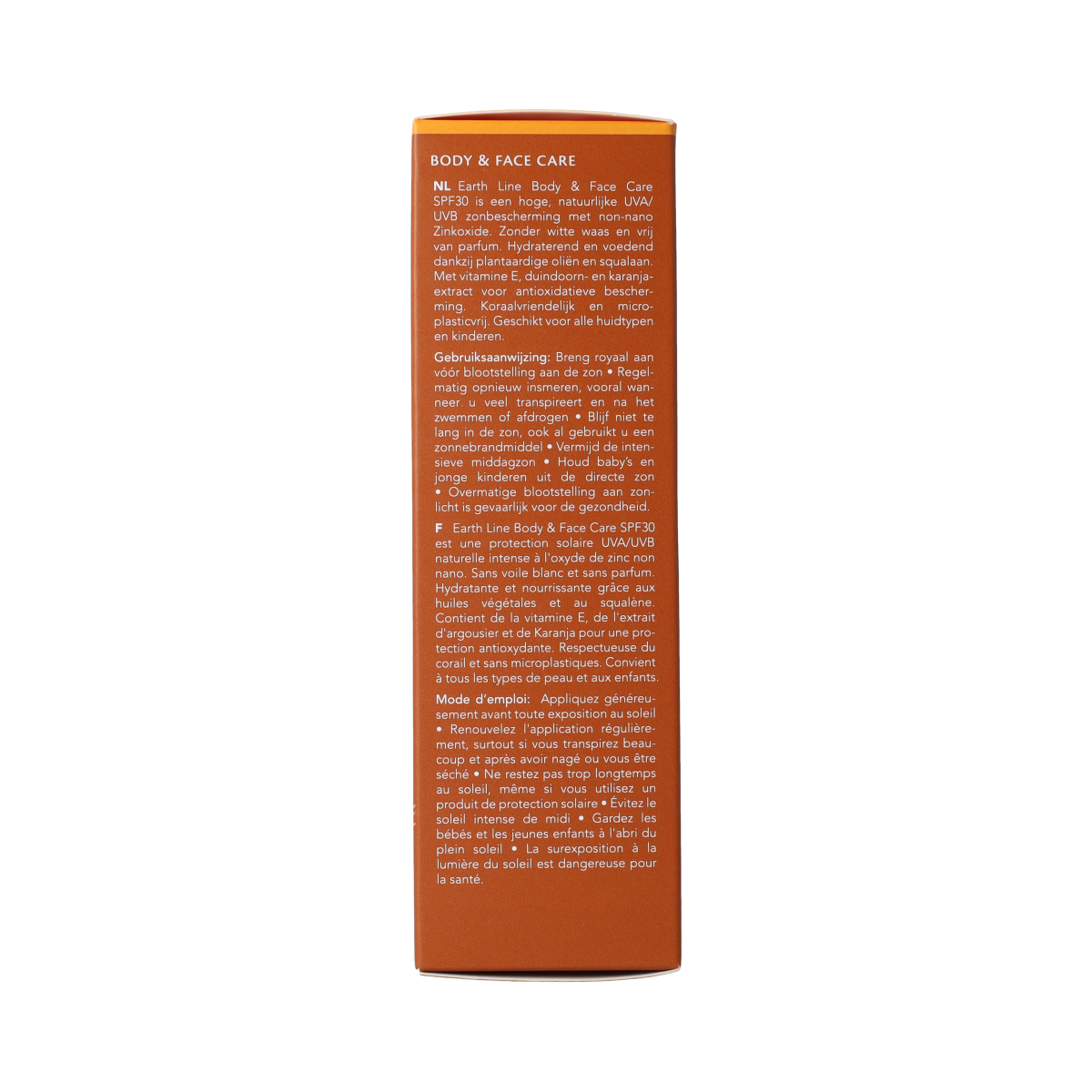 Earth Line Sun Body & Face Care SPF30 BIO sunscreen bottle, 100ml, with a white and blue label, suitable for skin protection.