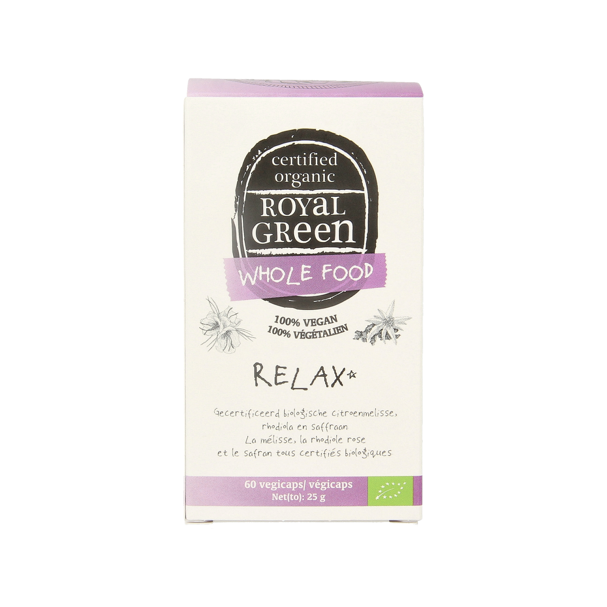 Royal Green Relax bio vegetarian capsules in a bottle, herbal supplement for relaxation, with green and white packaging.