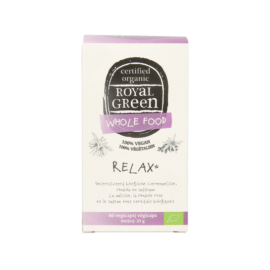 Royal Green Relax bio vegetarian capsules in a bottle, herbal supplement for relaxation, with green and white packaging.
