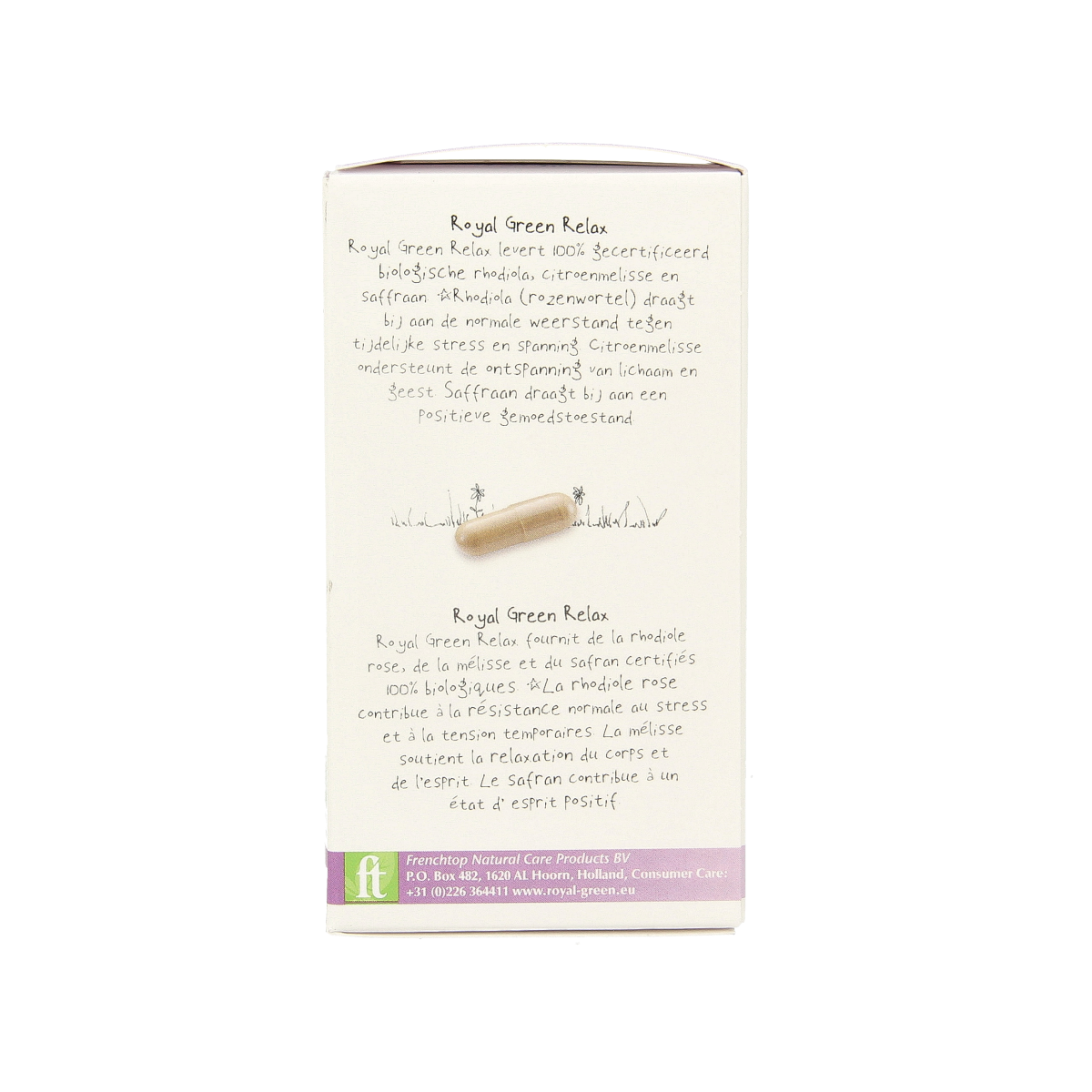 Royal Green Relax bio vegetarian capsules in a jar, showing green herbal supplement capsules for relaxation and wellness.