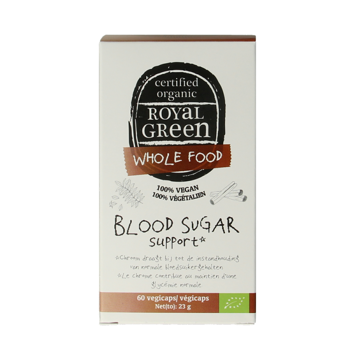 Royal Green Blood Sugar Support bio vegetarian capsules, herbal supplement in a clear bottle with capsules visible inside.