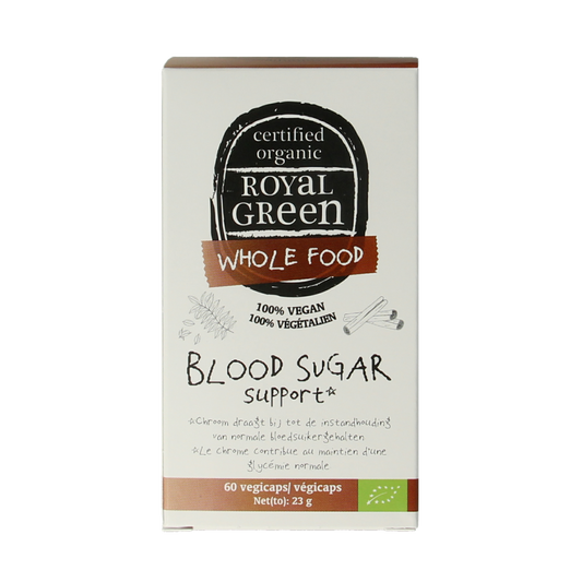 Royal Green Blood Sugar Support bio vegetarian capsules, herbal supplement in a clear bottle with capsules visible inside.